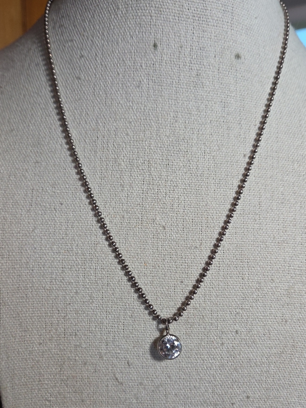 Sterling Silver Bead Chain Necklace Crystal Pendant